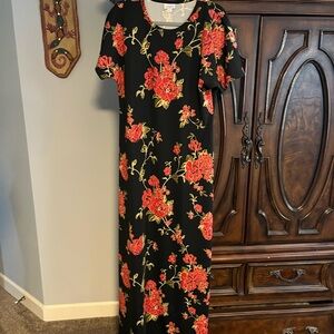 LuLaRoe Maria Black Maxi Dress with Red Floral Design - size L